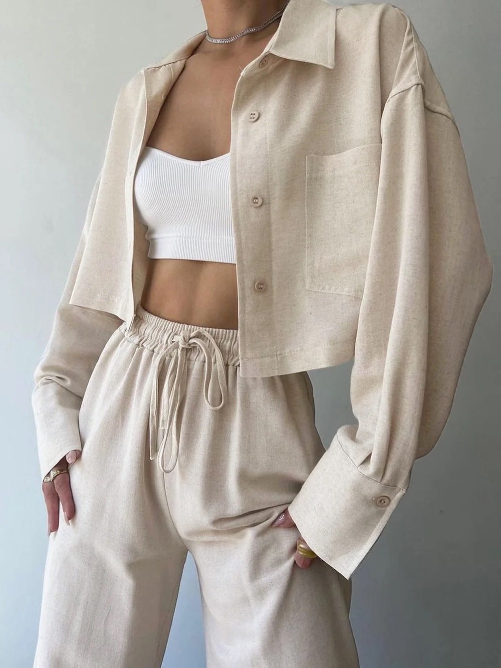 Commense Collared Drawstring Two Piece Pants Set S LL2-5